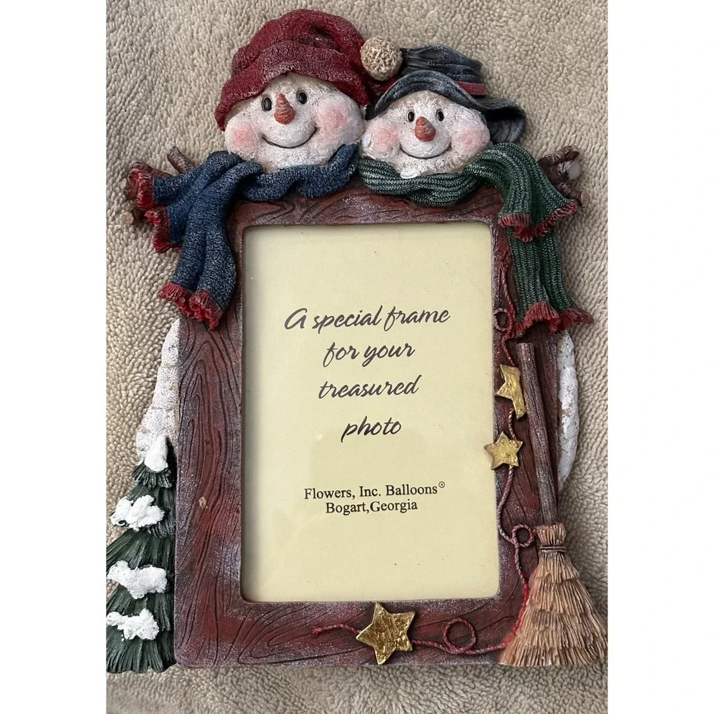 Christmas Winter Snowman Table Top Picture Frame, Hand Painted, Flowers Inc